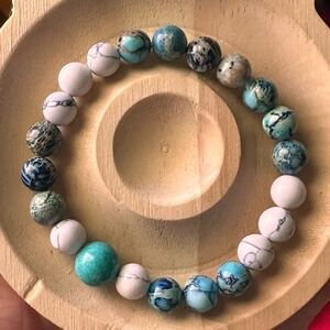 Blue Sea Sediment Imperial Jasper Howlite Beaded Stretch 8mm Round Bracelet